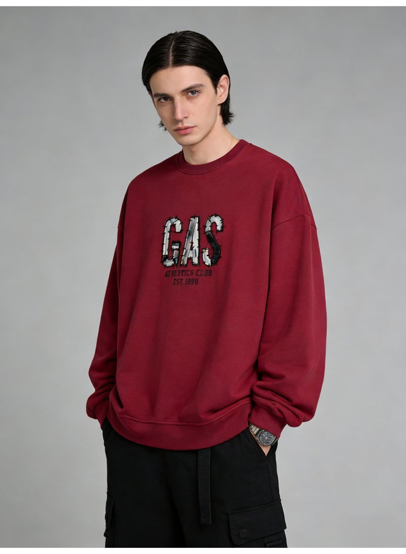غاز GAS Burgundy "GAS ATHLETICS CLUB" Distressed Letter Oversized Crew Neck Sweatshirt | Unisex Pullover With "EST.1990" Print - Image 2